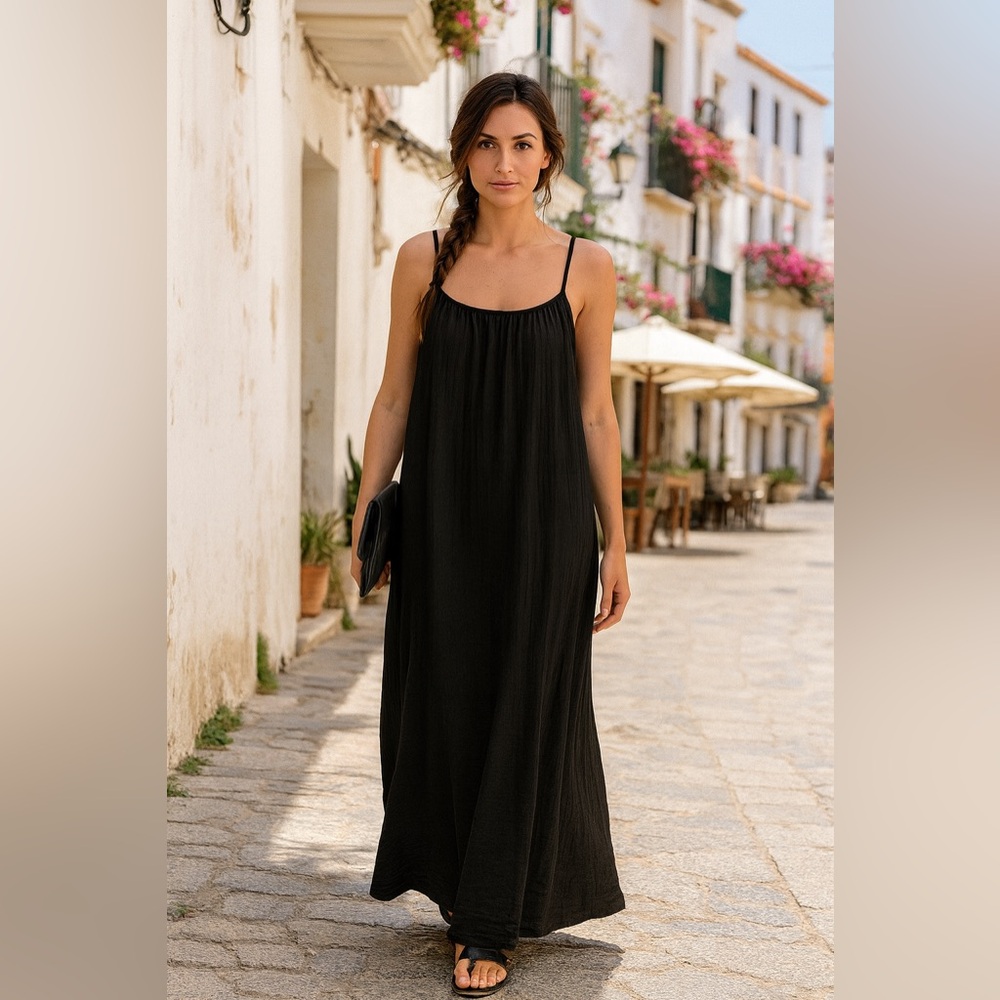 Sol Angeles Black Cotton Gauze Maxi Dress – Size M/L (Adjustable) NWT